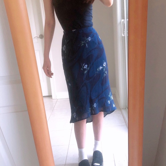 Japanese vintage floral dark blue midi skirt